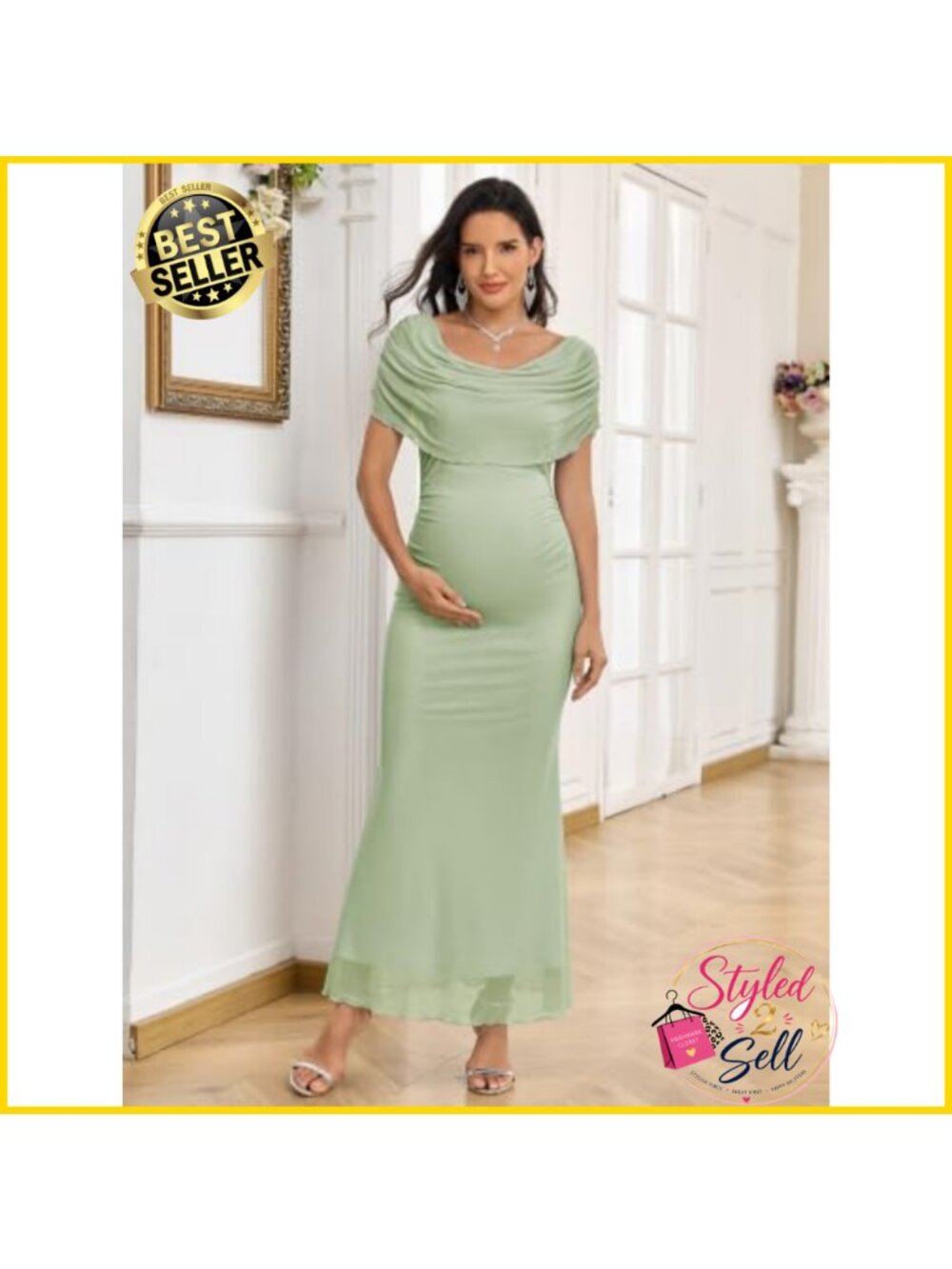 Cowl Neck Mesh Maternity Maxi Dress Ruched Mermaid Bodycon Sleeveless